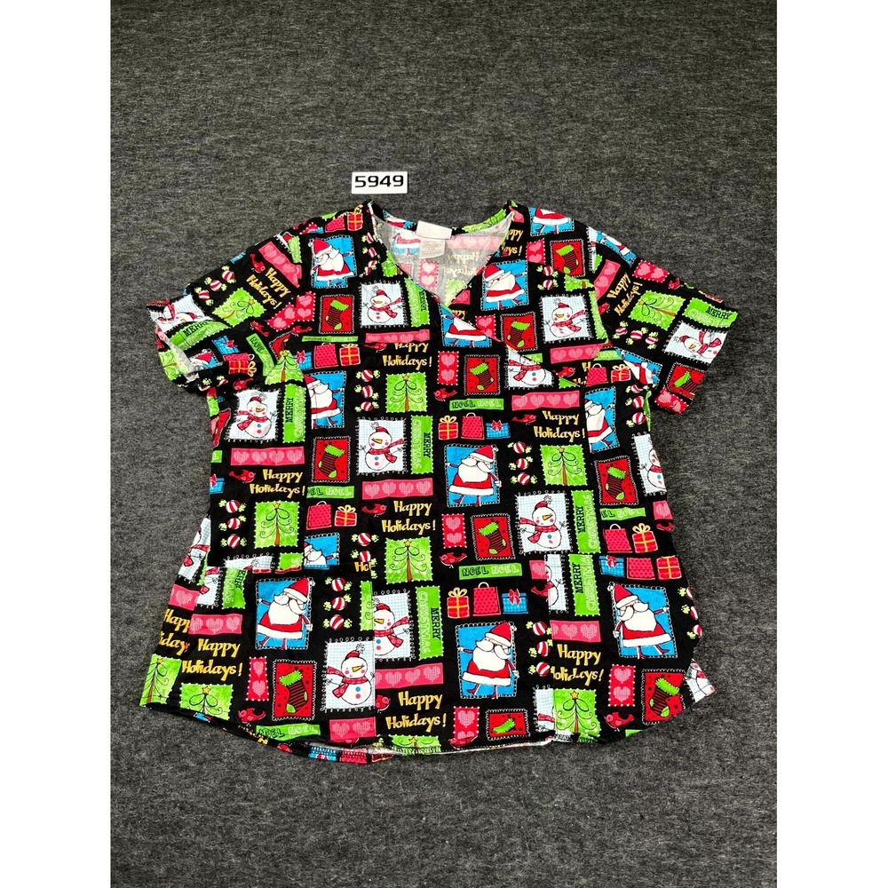 Scrubstar‎ Christmas Scrub Top Womens L Multicolor Cotton Holiday Santa Snowman